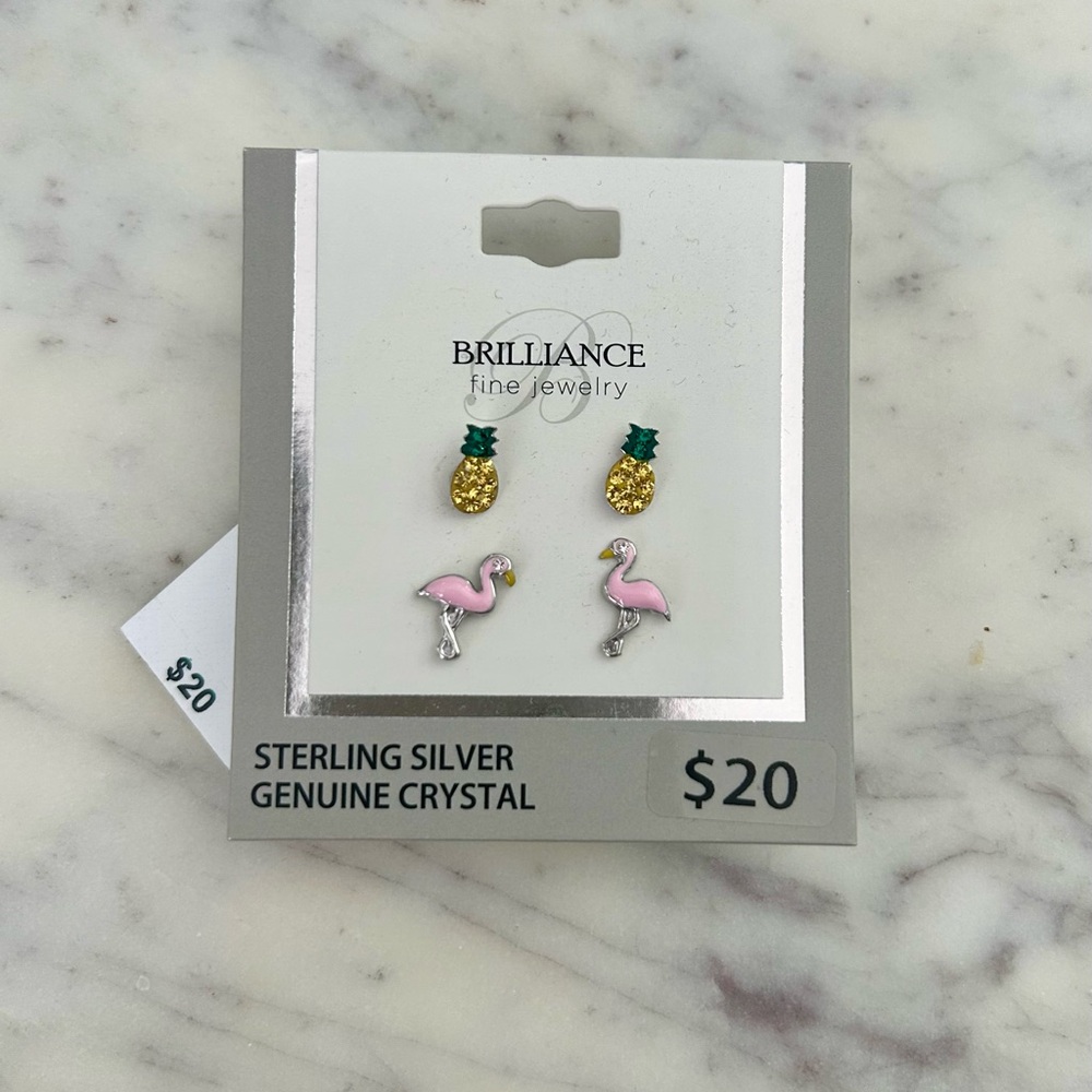 Brilliance Sterling Silver Pineapple and Flamingo Crystal Earrings
